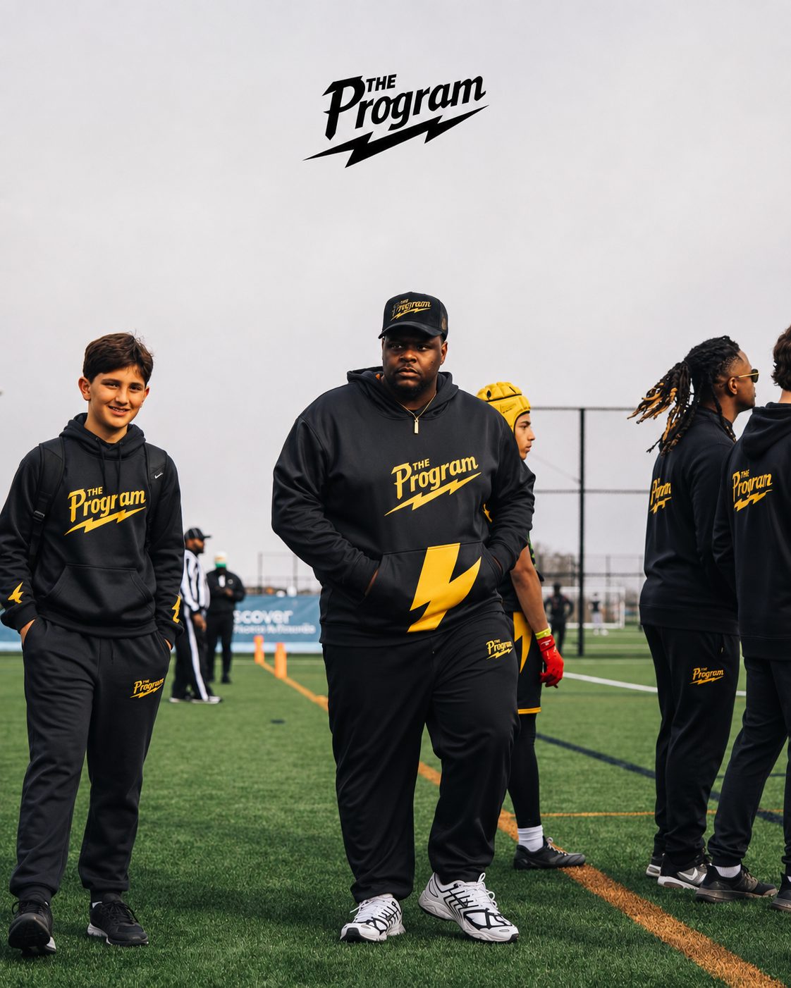 A Program coach walking the sideline with athletes in blackout kit